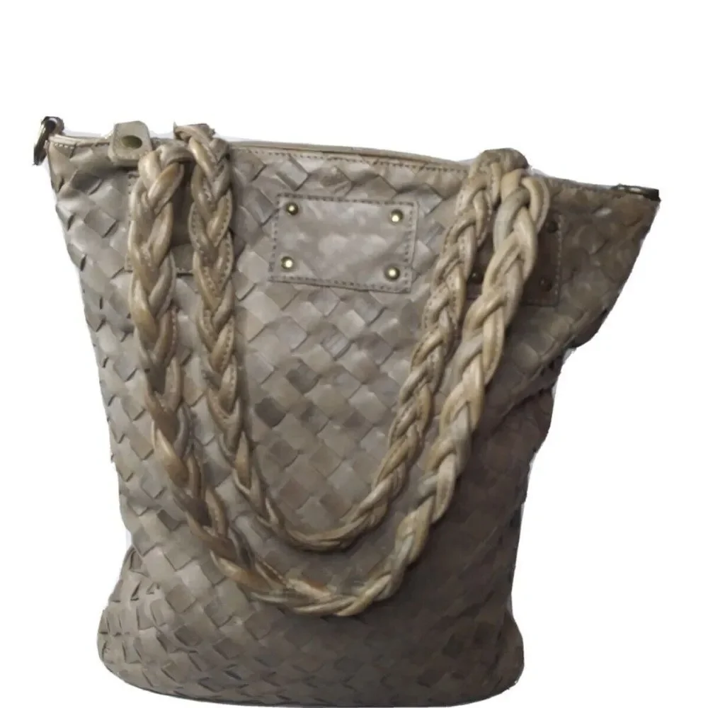 LANGELLOTTI Woven Leather Tote Bag Large Italian Leather Handbag Retail $375